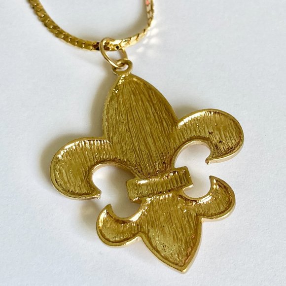 Vintage Fleur de Lis Pendant Necklace Gold Plated 24" BIG Statement Mardi Gras - Picture 8 of 12